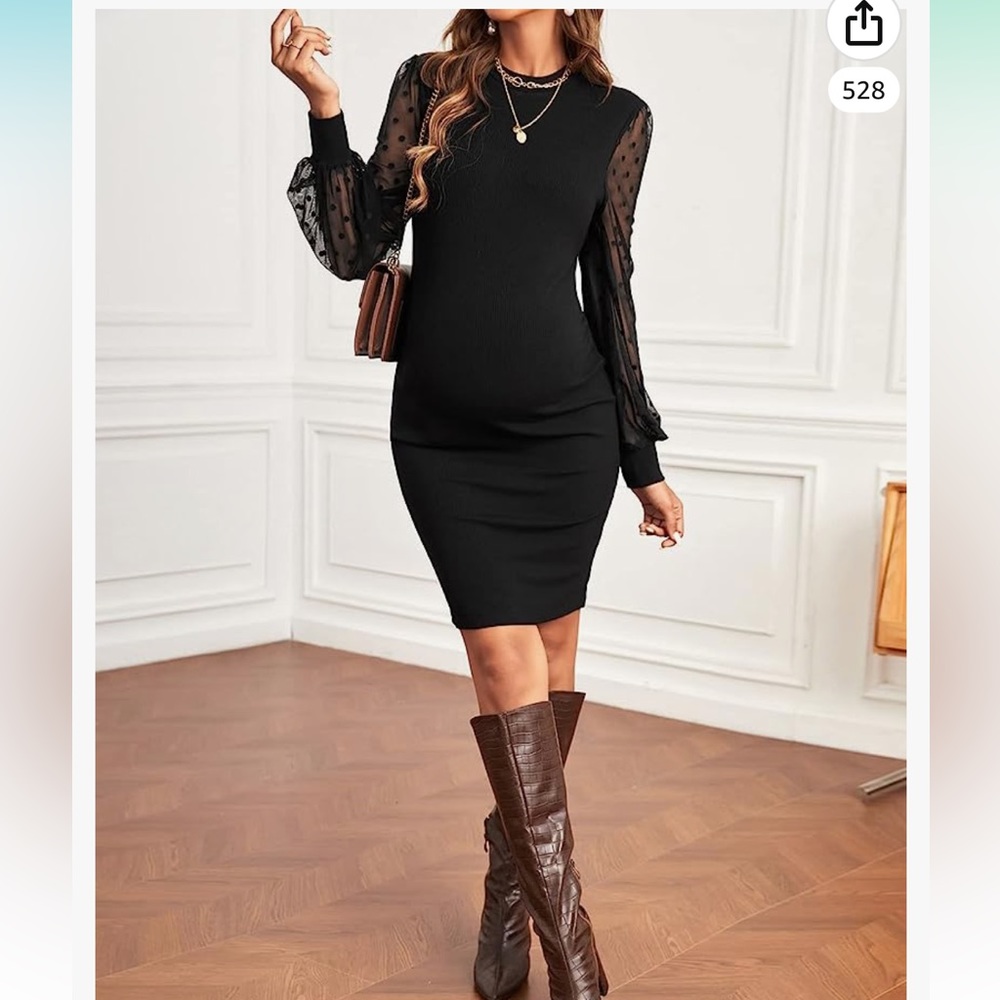 Black ribbed maternity mock neck long sleeve lace mini bodycon dress size small